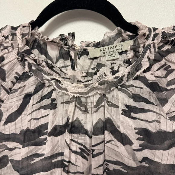 NWOT AllSaints Thallo Oniyuri Ruffle Smocked Top - Striped Patterned Blouse - Picture 6 of 11